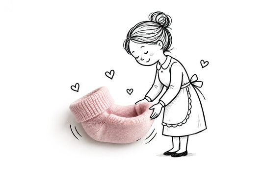 A charming black and white line drawing captures a girl beside a cradle made from a sock, her eyes closed in peaceful enjoyment.