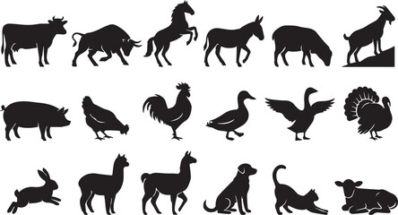 Fototapeta premium Black animal silhouette collection featuring farm and domestic animals, birds, and wildlife icons isolated for education, design, illustration, and branding