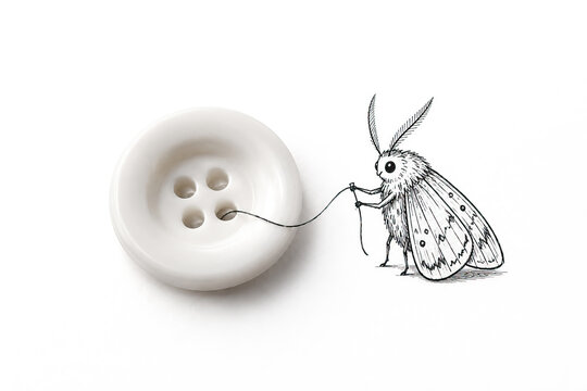 A stylized scene of a moth interacting with a button.