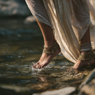 Woman wearing traditional brass anklets walking in a shallow river stream at sunset