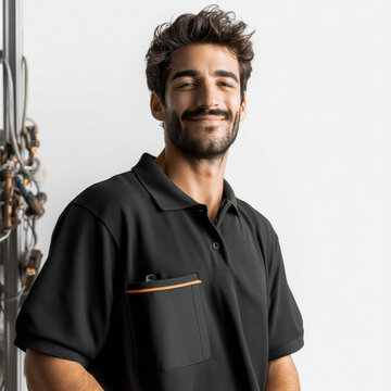 Smiling electrician with black polo shirt stands near electrical panel, confident and professional in modern workspace environment