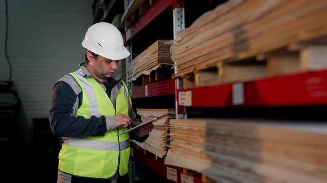 Warehouse worker uses a digital tablet to check inventory and stored materials on industrial shelving during stock control and warehouse inspection.