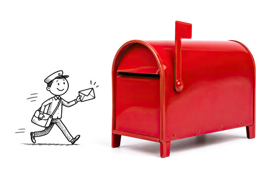 A dynamic black-and-white line drawing captures a postal worker in motion, sprinting towards a striking red mailbox.