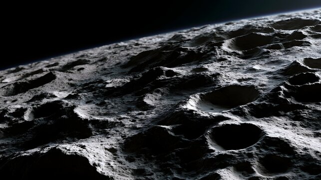 A detailed view of the moon s cratered surface with sharp shadows and a curved horizon against the blackness of space