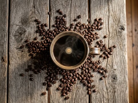 Top view of steaming coffee cup surrounded by bean snowflake