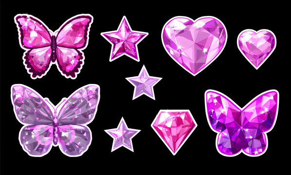 A set of pink and purple crystal stickers shaped like butterflies, hearts, stars, and gems, laid out on a see-through background