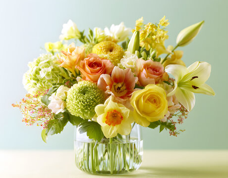 radiant spring floral arrangement with cheerful blooms against a soft pastel backdrop for festivities
