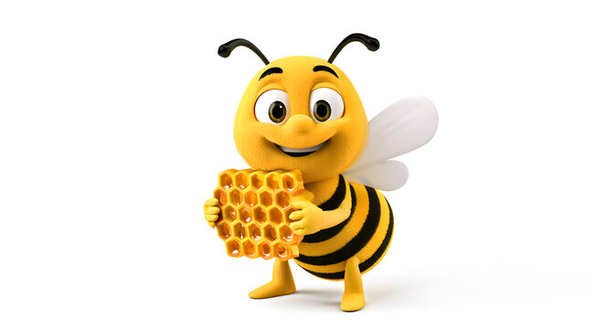 Cute cartoon honey bee character holding a honeycomb, friendly 3D bumblebee mascot, cheerful yellow insect on a white background
