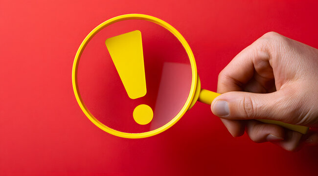 Person holds a magnifying glass over a yellow exclamation sign on a red background. The lens makes the symbol look larger for inspection. The hand examines the warning icon carefully to find potential