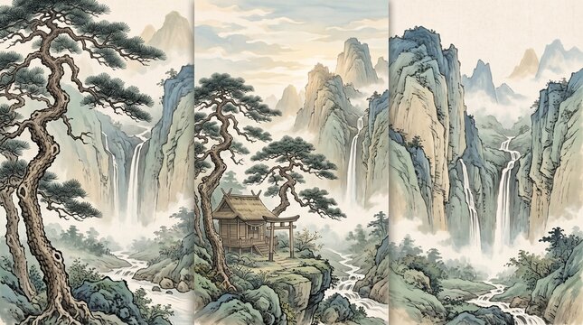 Asian mountain landscape waterfall