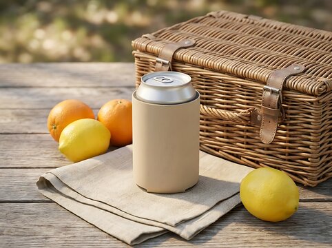 A blank koozie mockup on a wooden table with fresh lemons oranges and a picnic basket for summer design