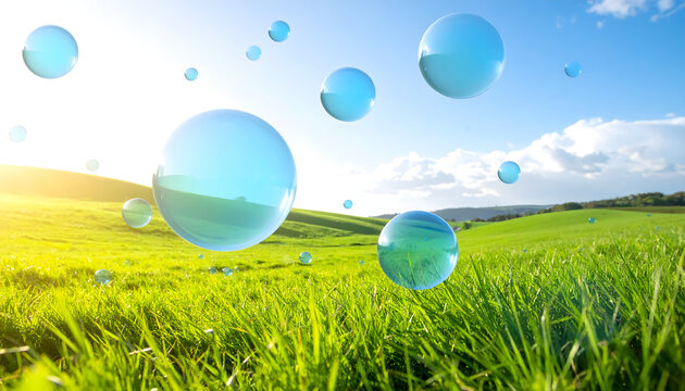 Glassy blue orbs and soft bubbles drifting above calm grassy meadow showing cheerful nostalgic tech mood generative AI