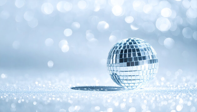 Sparkling disco ball throwing light dots over metallic silver background creating nostalgic party mood generative AI