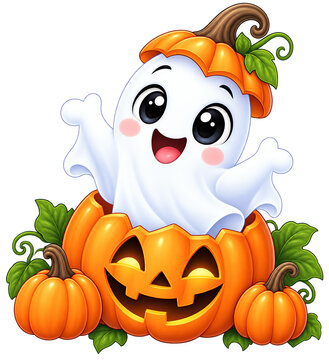 Cute Halloween Ghost Popping Out of Jack O Lantern Pumpkin