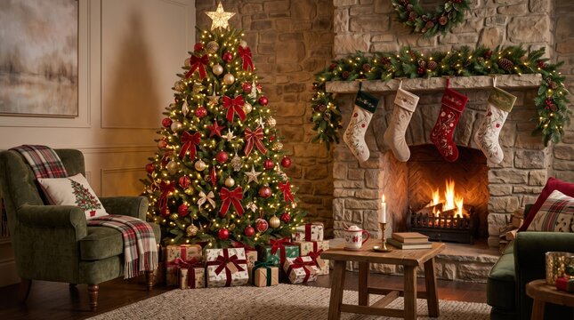 Cozy Christmas living room with decorated tree and fireplace. Festive holiday home interior scene evoking warmth, comfort, and seasonal celebration.