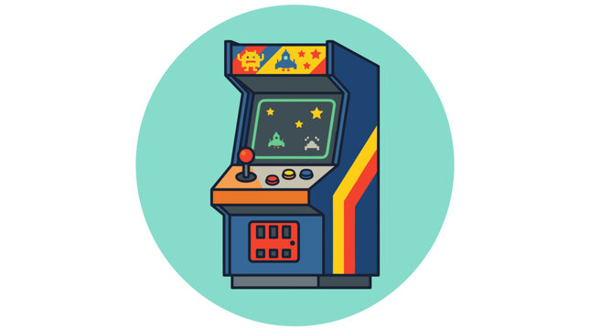 Retro arcade machine vector illustration with pixel art space game on circular background