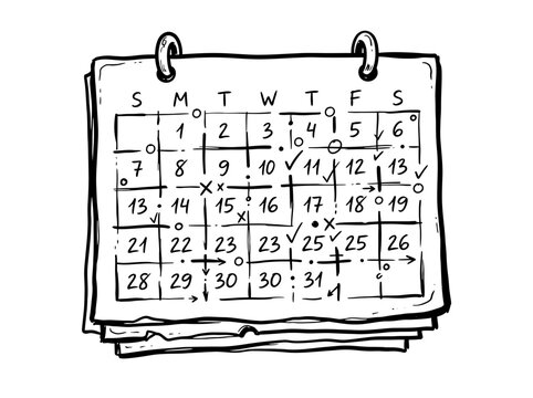 A drawn black and white illustration of a calendar with a few days marked with crosses and checkmarks, suggesting an organized schedule or completed tasks on a monthly planner