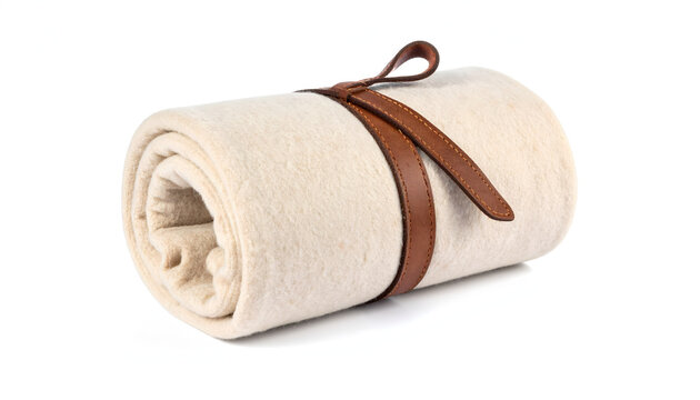 Rolled up wool travel blanket with leather carry strap evoking a cosy slow travel mood generative AI