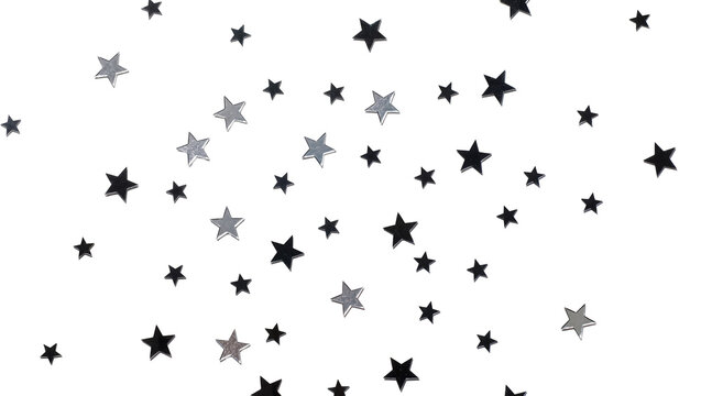Scattered black and silver stars, isolated on transparent background