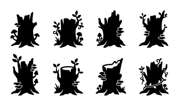 Vector Tree Stumps Collection: Forest Elements, Woodland Icons, Nature Silhouettes, Mushroom Accents, Organic Shapes for Design