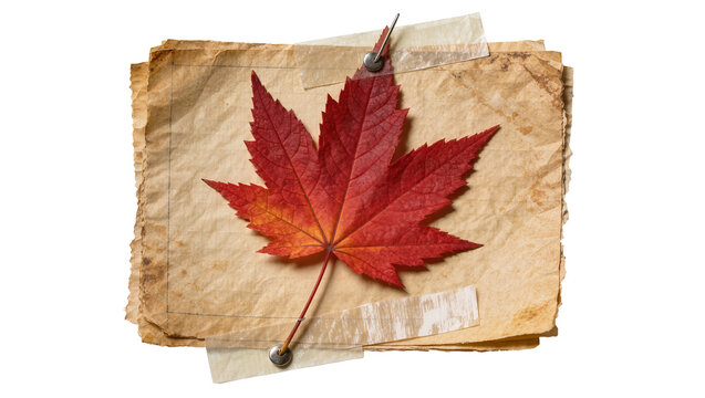 Vibrant red maple leaf pinned to aged paper stack, isolated on transparent background