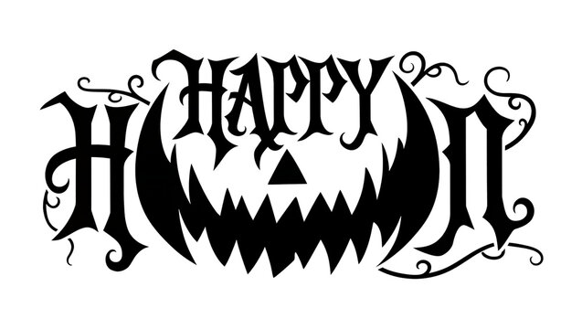 Black gothic lettering spelling Happy Halloween with carved pumpkin face, isolated on transparent background