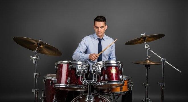 Young drummer performing on a drum kit in a studio, surrounded by cymbals and microphones against a dark background