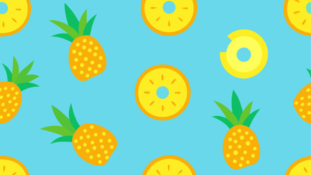 Pineapples and slices on a blue background
