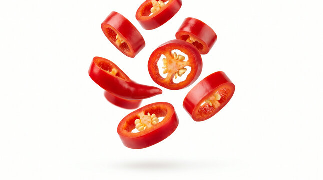 Fresh red chili pepper slices falling isolated on white background for food photography