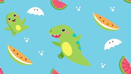 Fototapeta premium Cartoon dinosaurs and watermelons pattern