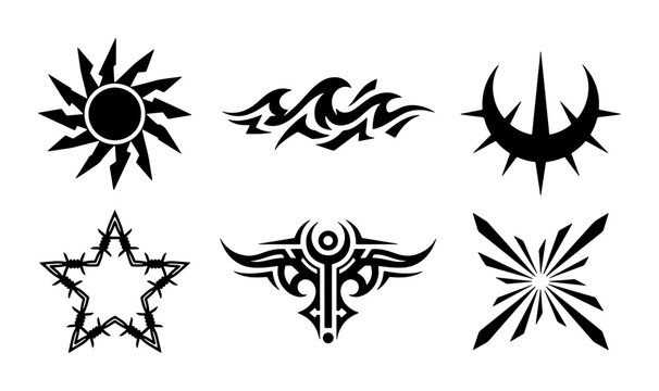 Tribal Tattoo Designs, Black Ink Vector Graphics Set: Sun, Waves, Star, Abstract Symbols for Body Art and Graphic Elements