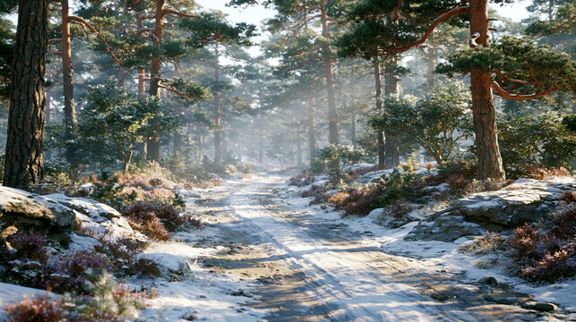 Winter landscape with snowy pine trees and a frosty path illuminated by morning sun rays