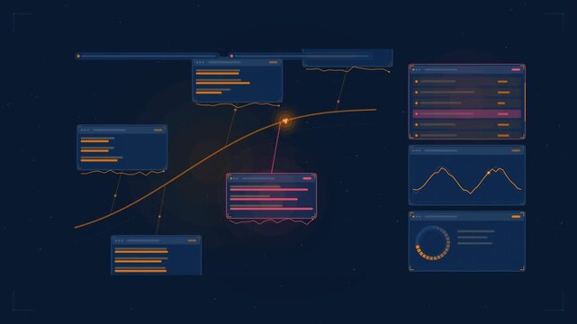 Abstract animated mission control subsystems reporting drawn as amber and orange lines and shapes on a deep dark background. Seamless looping 4K motion graphics video with free space for text, ideal f