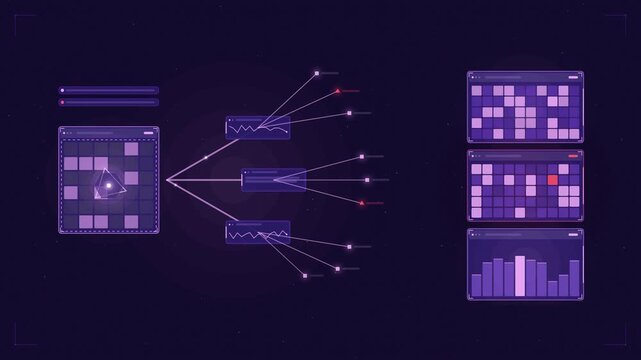 Abstract animated malware analysis sample splitting drawn as violet and blue lines and shapes on a deep dark background. Seamless looping 4K motion graphics video with free space for text, ideal for t
