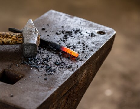 Blacksmith Forging Glowing Hot Metal on Anvil