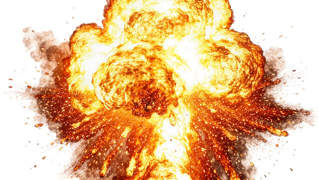 Fiery orange and yellow explosion with debris, isolated on transparent background