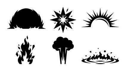 Explosion and Fire Effects Vector Icons, Dynamic Burst and Flame Graphics, Energetic Impact Symbols, Set of 6 Black and White Illustrations © Parbez