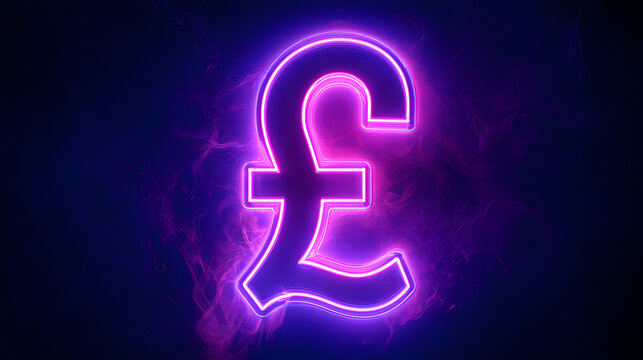 Vibrant neon pound sterling symbol: This electrifying neon symbol of the pound sterling shines with a dynamic purple and pink glow against a dark, futuristic backdrop.