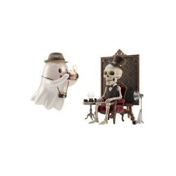 3D Ghost Photographer Taking a Portrait of a Skeleton, funny Halloween concept, polished 3D render, on white background
