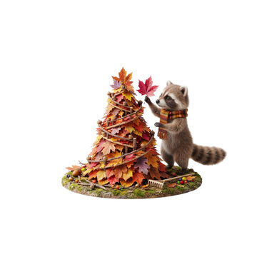 3D Little Raccoon Building a Tower From Colorful Autumn Leaves, cute miniature style, crisp vivid colors, on white background