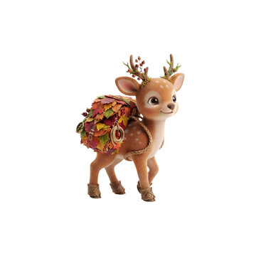 3D Tiny Deer Wearing a Backpack Made of Autumn Leaves, cute whimsical style, polished 3D render, crisp vivid colors, on white background