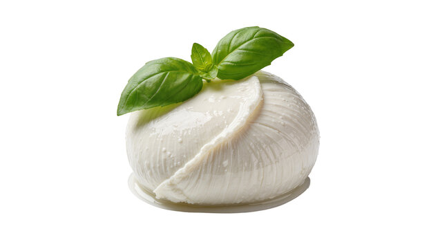 Fresh burrata cheese ball with basil leaves, isolated on transparent background