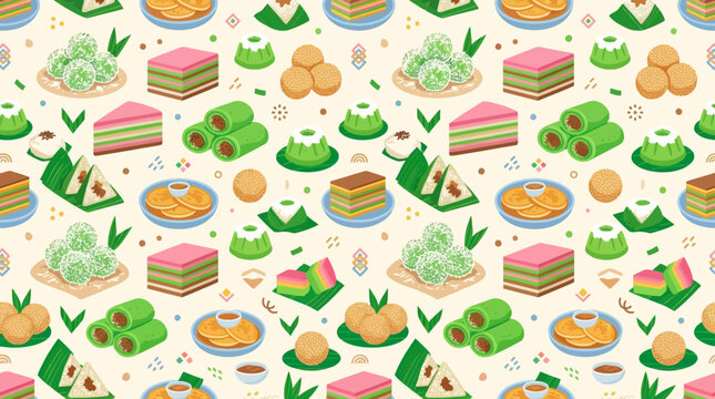 Flat vector Indonesian Jajanan Pasar (snacks) seamless pattern, klepon, lapis legit, dadar gulung, pastel and traditional market snack elements, vibrant colorful aesthetic, clean minimal flat design s