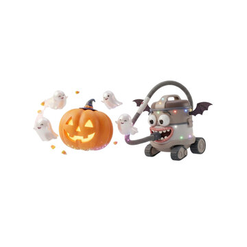 3D Monster Vacuum Cleaner Chasing Tiny Ghosts Around a Pumpkin, playful Halloween concept, on white background