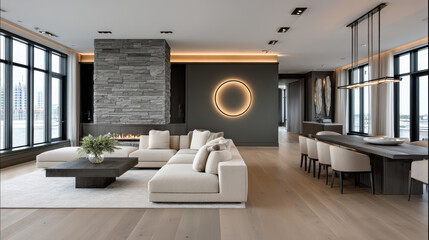 Obraz premium Modern living room with beige sectional sofa, stone fireplace, circular wall light, large windows, wooden floor, and open dining area