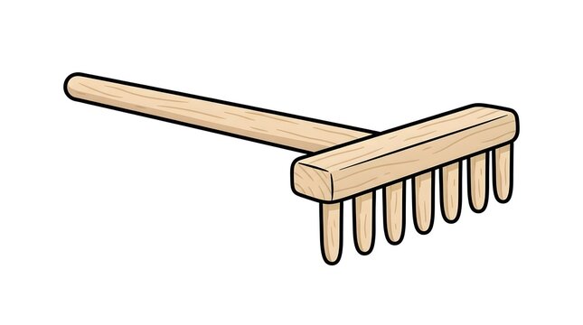 Simple hand-drawn vector illustration of a traditional wooden sand rake used for zen gardens or beach landscaping. Isolated on white background.