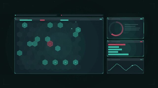 Abstract animated health analytics indicators rolling drawn as cyan and teal lines and shapes on a deep dark background. Seamless looping 4K motion graphics video with free space for text, ideal for m