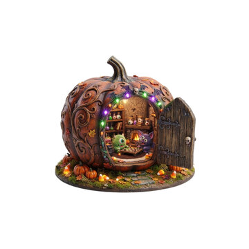 3D Pumpkin With a Tiny Door Leading to a Secret Monster Room, miniature Halloween diorama, crisp vivid colors, on white background