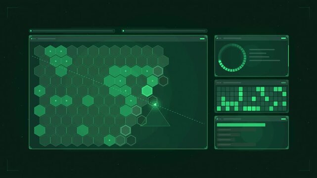 Abstract animated earth observation swath accumulating drawn as green and teal lines and shapes on a deep dark background. Seamless looping 4K motion graphics video with free space for text, ideal for