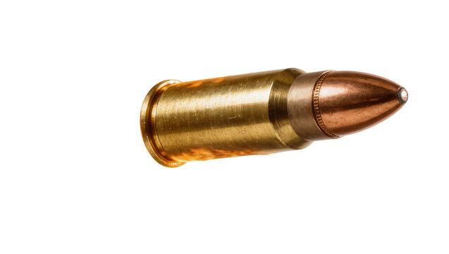 Golden brass bullet casing with copper projectile, isolated on transparent background